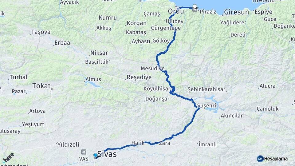 Sivas Ordu Giresun Havalimanı Arası Kaç Km - Yol Haritası
