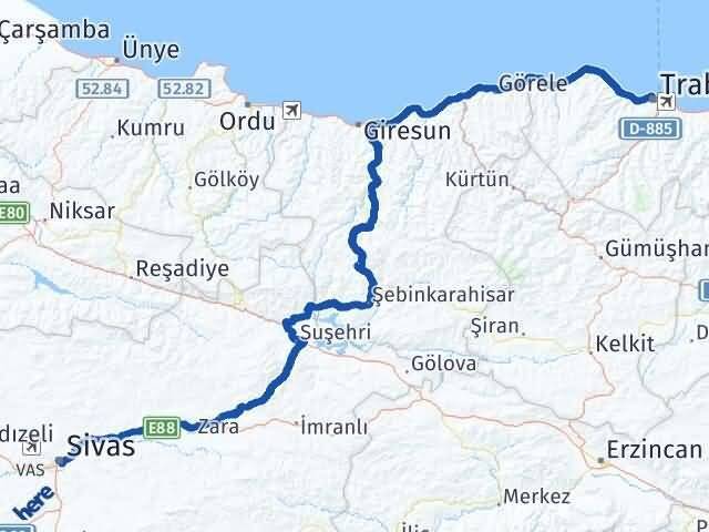 Sivas Ortahisar Trabzon Arası Kaç Km - Yol Haritası