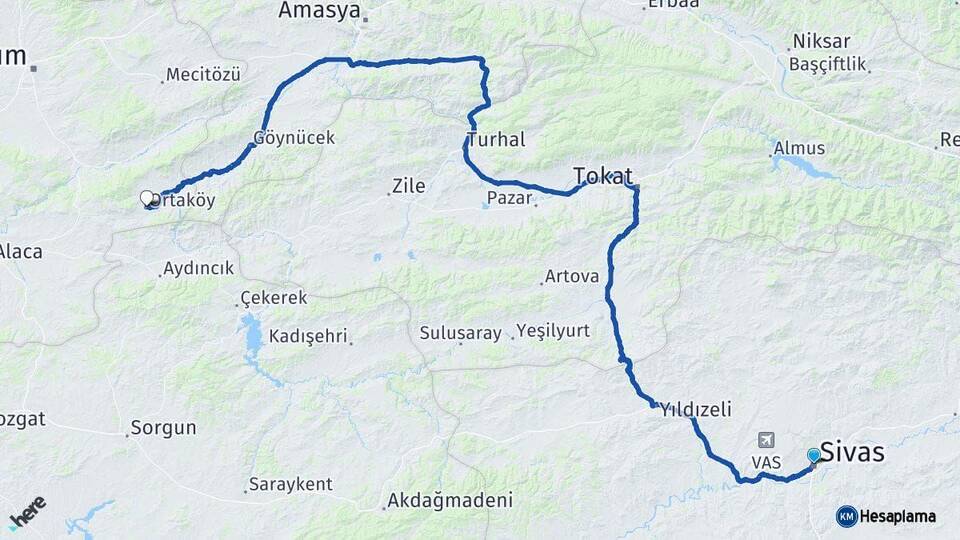 Sivas Ortaköy Çorum Arası Kaç Km - Yol Haritası