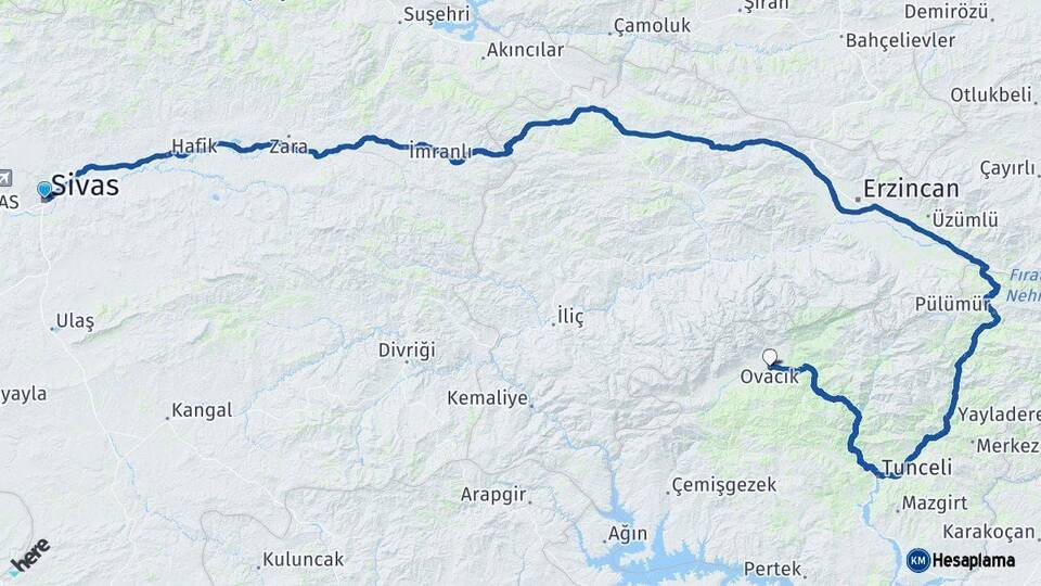 Sivas Ovacık Tunceli Arası Kaç Km - Yol Haritası