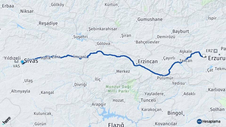 Sivas Palandöken Erzurum Arası Kaç Km - Yol Haritası