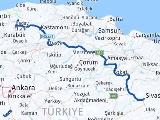 Sivas Pınarbaşı Kastamonu Arası Kaç Km - Yol Haritası