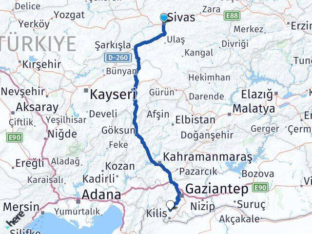 Sivas Polateli Kilis Arası Kaç Km - Yol Haritası