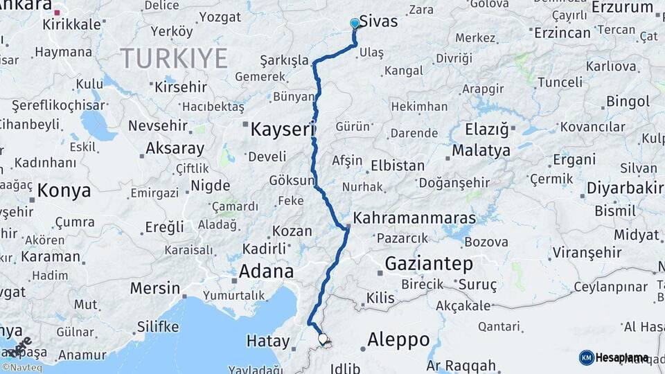 Sivas Reyhanlı Hatay Arası Kaç Km - Yol Haritası