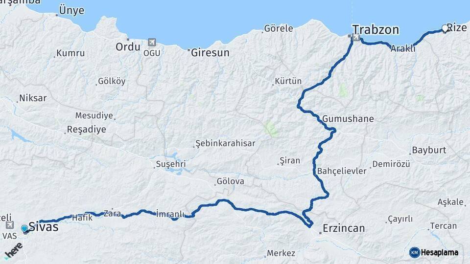 Sivas Rize Arası Kaç Km - Yol Haritası