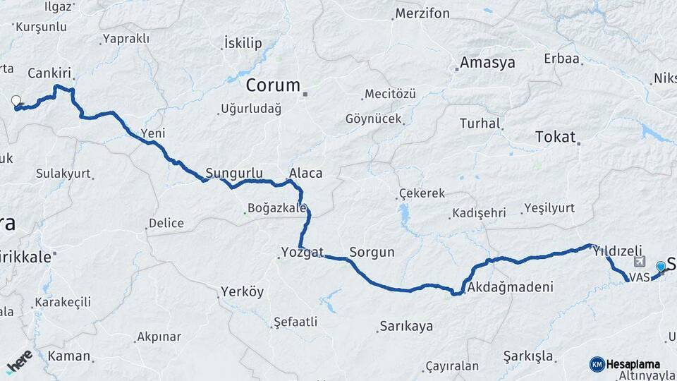 Sivas Şabanözü Çankırı Arası Kaç Km - Yol Haritası