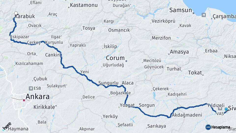Sivas Safranbolu Karabük Arası Kaç Km - Yol Haritası