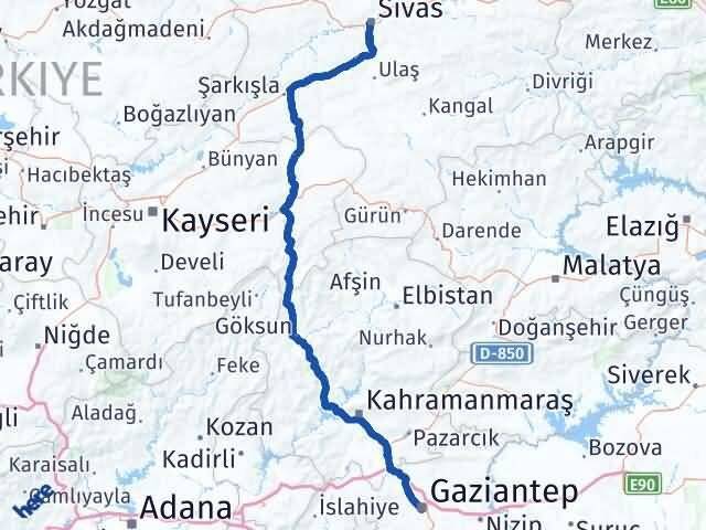 Sivas Şahinbey Gaziantep Arası Kaç Km - Yol Haritası