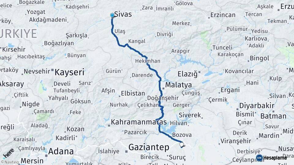 Sivas Şanlıurfa Arası Kaç Km - Yol Haritası