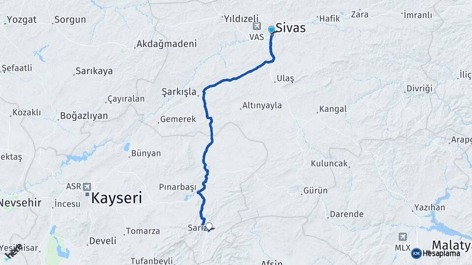 Sivas Sarız Kayseri Arası Kaç Km - Yol Haritası