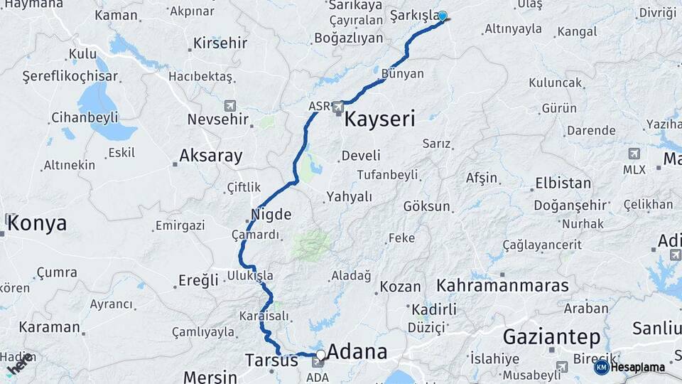 Sivas Şarkışla Adana Arası Kaç Km - Yol Haritası