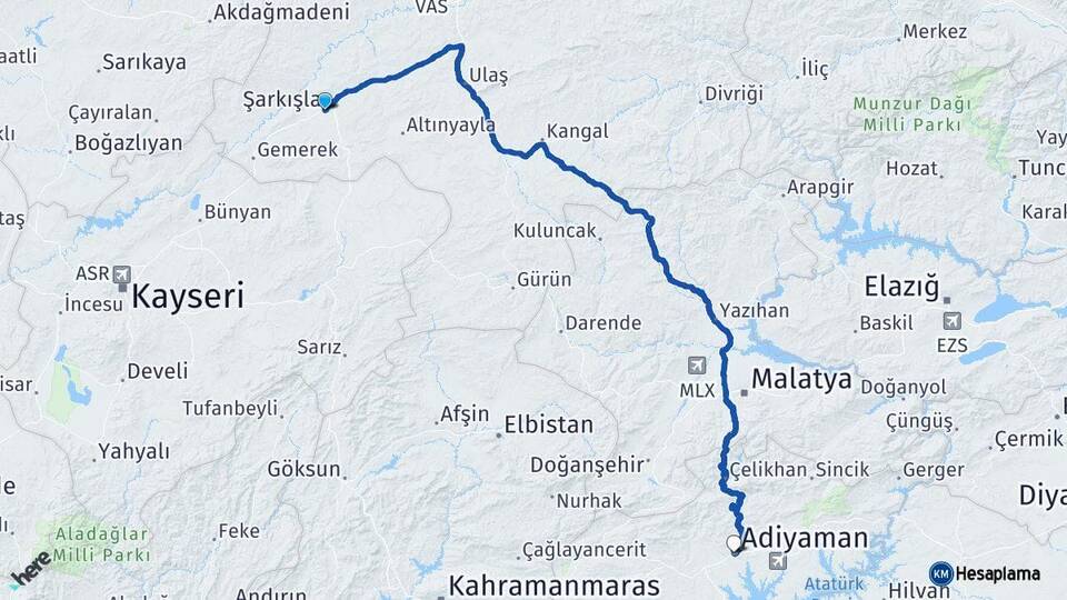Sivas Şarkışla Adıyaman Arası Kaç Km - Yol Haritası