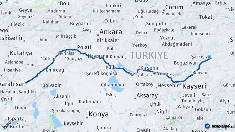 Sivas Şarkışla Afyonkarahisar Arası Kaç Km - Yol Haritası