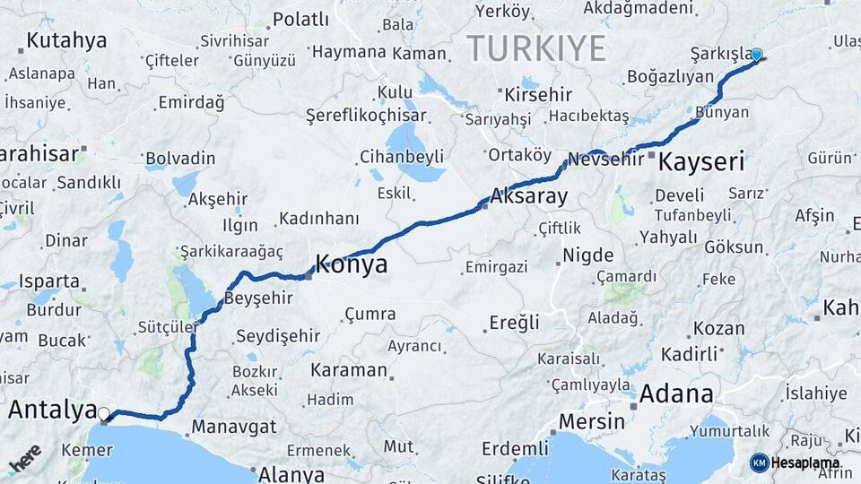 Sivas Şarkışla Antalya Arası Kaç Km - Yol Haritası