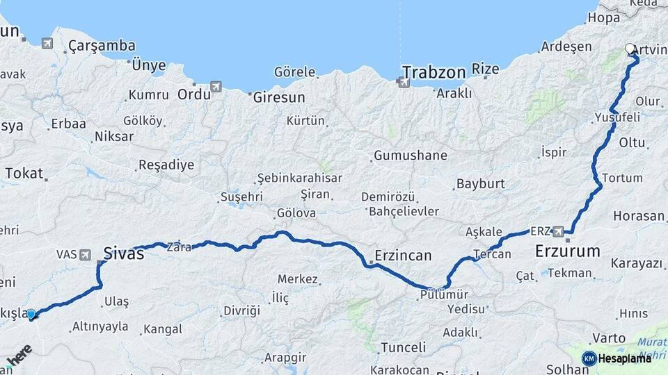 Sivas Şarkışla Artvin Arası Kaç Km - Yol Haritası