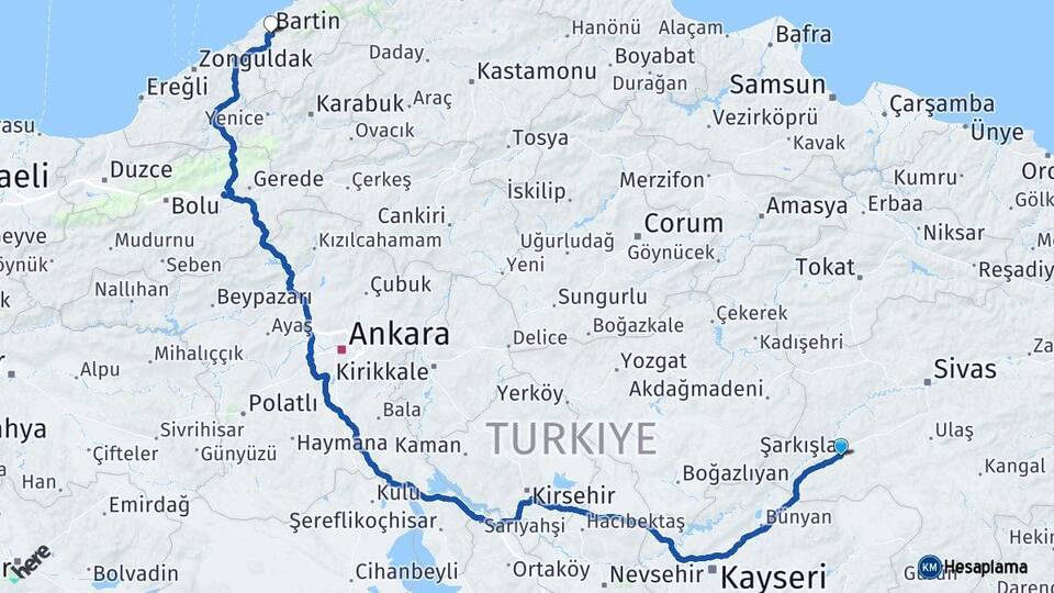 Sivas Şarkışla Bartın Arası Kaç Km - Yol Haritası