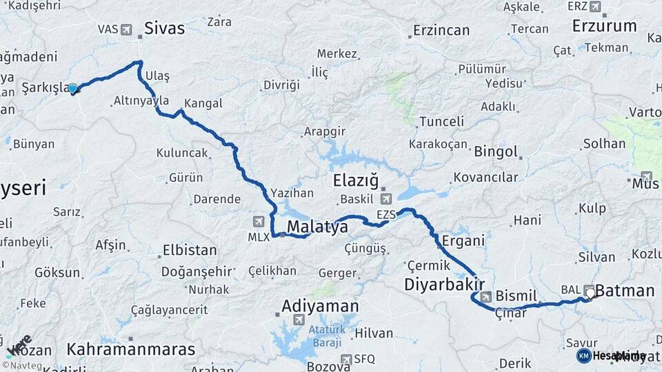 Sivas Şarkışla Batman Arası Kaç Km - Yol Haritası