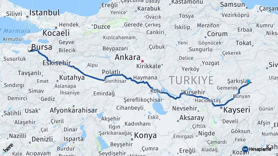 Sivas Şarkışla Bursa Arası Kaç Km - Yol Haritası