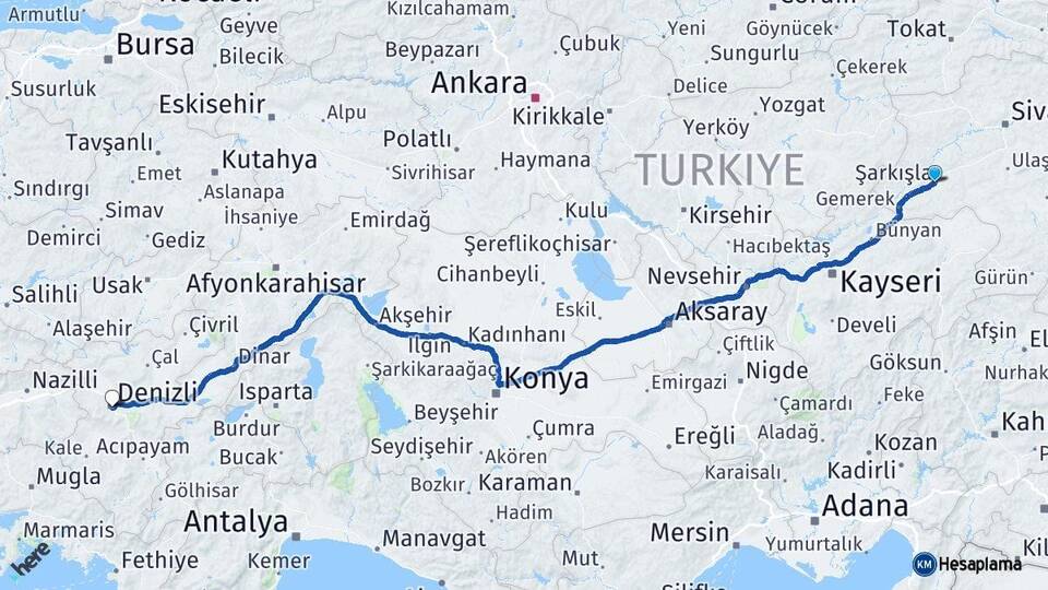 Sivas Şarkışla Denizli Arası Kaç Km - Yol Haritası