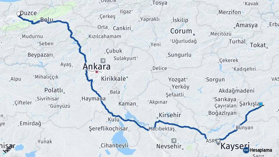 Sivas Şarkışla Düzce Arası Kaç Km - Yol Haritası