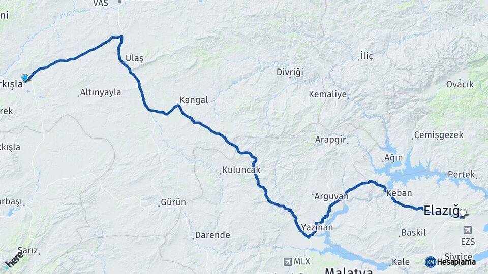 Sivas Şarkışla Elazığ Arası Kaç Km - Yol Haritası