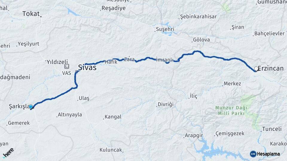 Sivas Şarkışla Erzincan Arası Kaç Km - Yol Haritası
