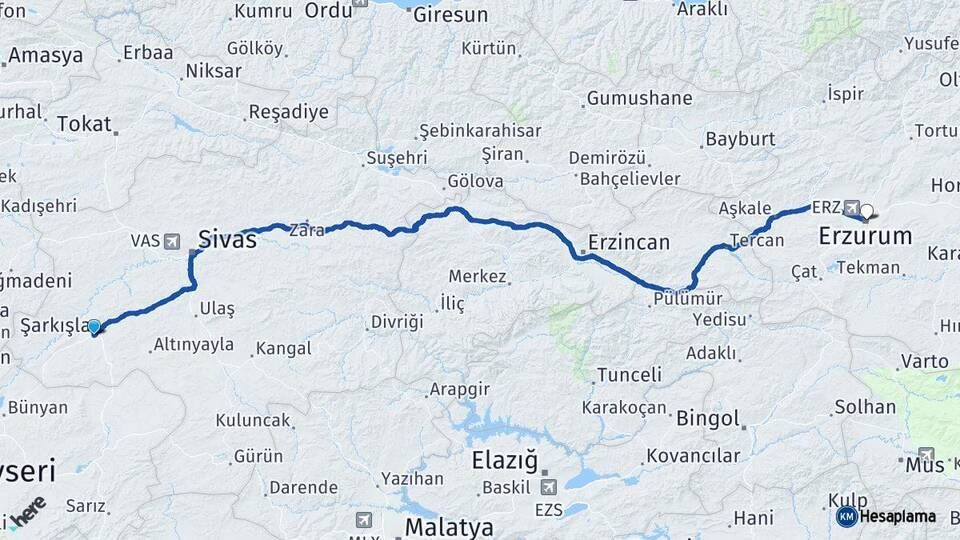 Sivas Şarkışla Erzurum Arası Kaç Km - Yol Haritası