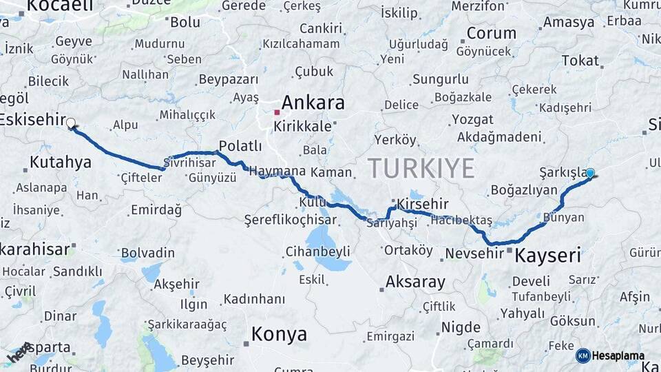 Sivas Şarkışla Eskişehir Arası Kaç Km - Yol Haritası