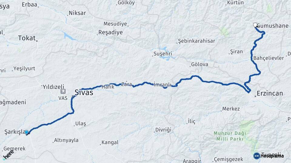 Sivas Şarkışla Gümüşhane Arası Kaç Km - Yol Haritası