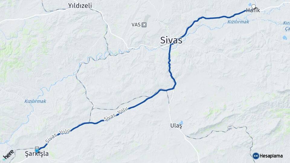 Sivas Şarkışla Hafik Arası Kaç Km - Yol Haritası