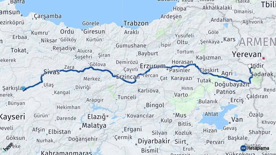 Sivas Şarkışla Iğdır Arası Kaç Km - Yol Haritası