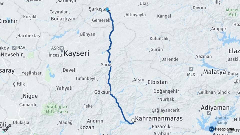 Sivas Şarkışla Kahramanmaraş Arası Kaç Km - Yol Haritası