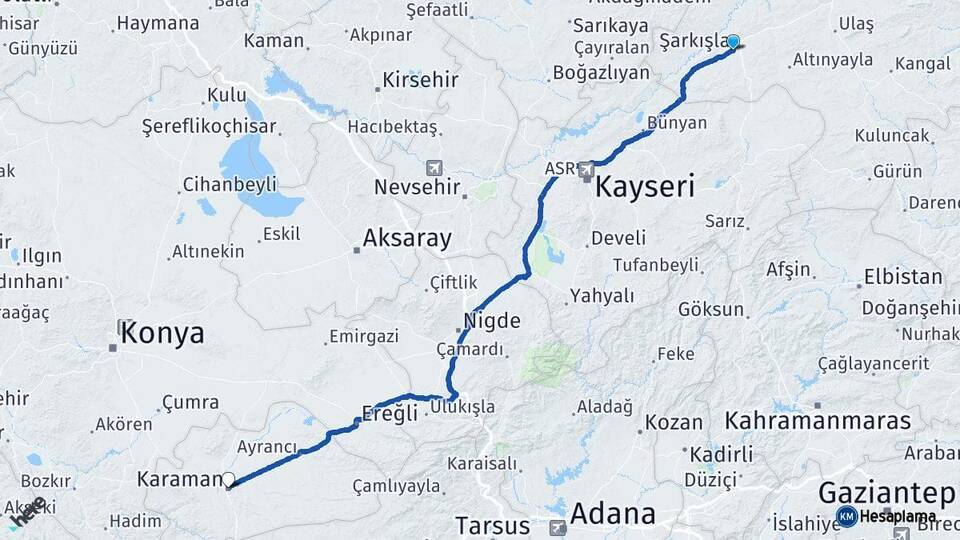 Sivas Şarkışla Karaman Arası Kaç Km - Yol Haritası