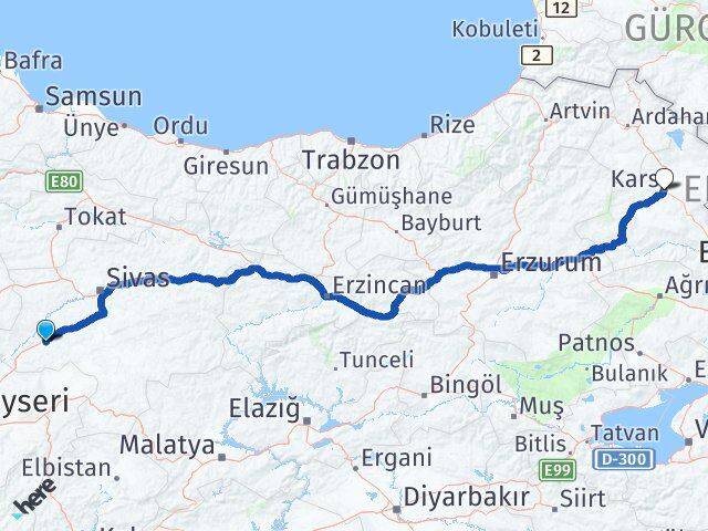 Sivas Şarkışla Kars Arası Kaç Km - Yol Haritası
