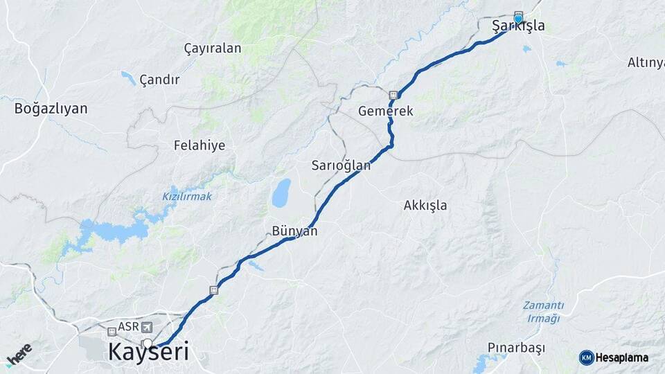 Sivas Şarkışla Kayseri Arası Kaç Km - Yol Haritası
