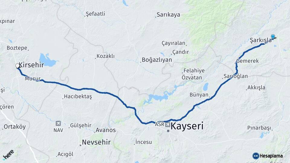 Sivas Şarkışla Kırşehir Arası Kaç Km - Yol Haritası