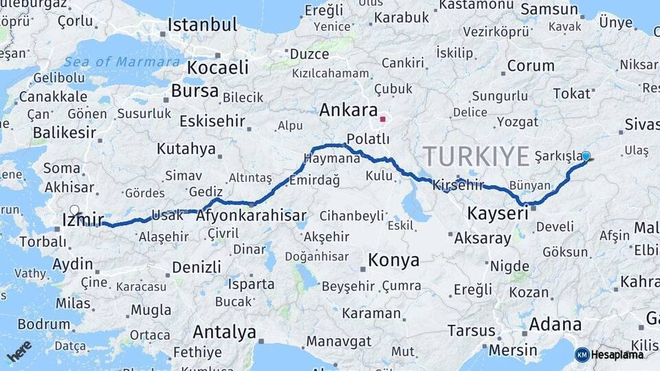 Sivas Şarkışla Manisa Arası Kaç Km - Yol Haritası
