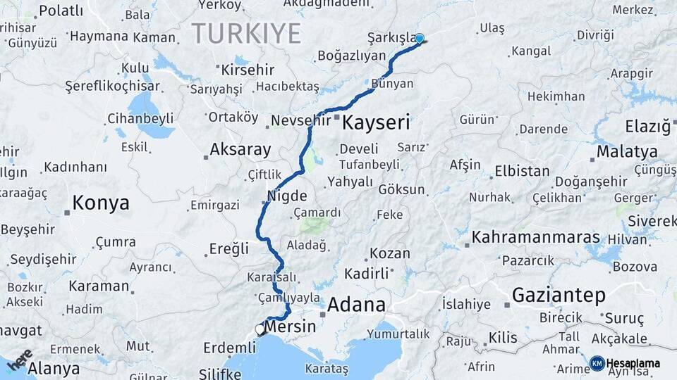 Sivas Şarkışla Mersin Arası Kaç Km - Yol Haritası