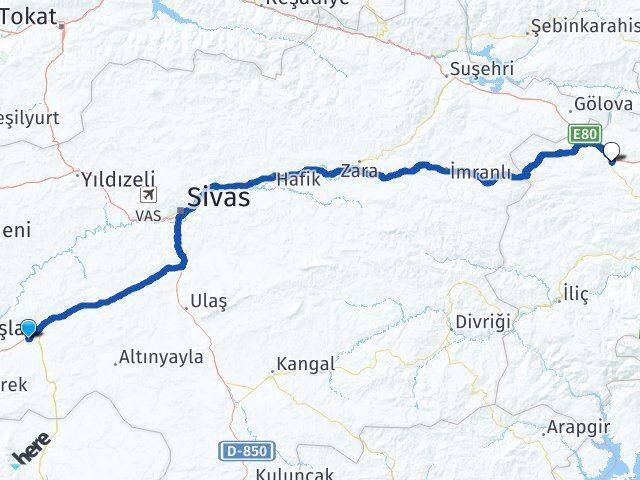 Sivas Şarkışla Refahiye Erzincan Arası Kaç Km - Yol Haritası