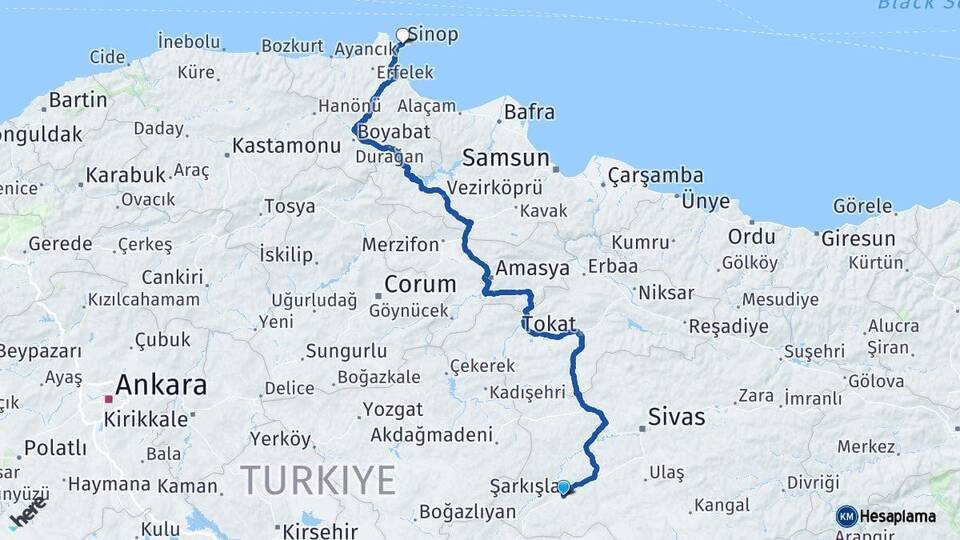 Sivas Şarkışla Sinop Arası Kaç Km - Yol Haritası