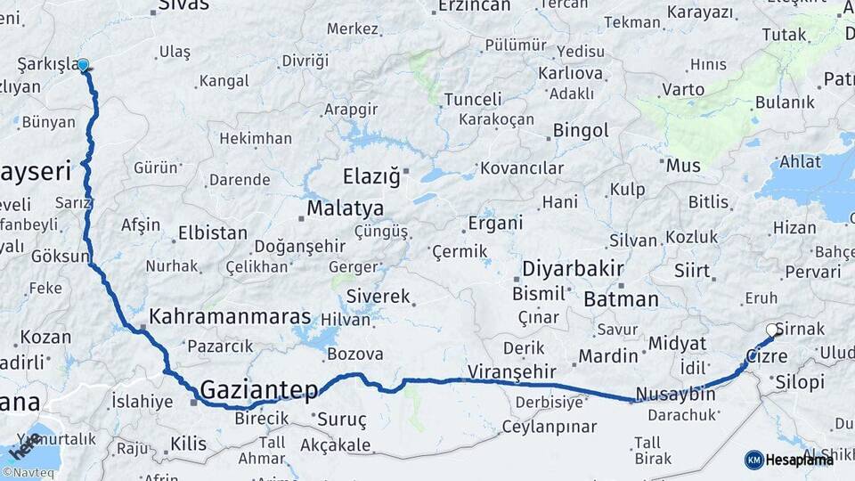 Sivas Şarkışla Şırnak Arası Kaç Km - Yol Haritası
