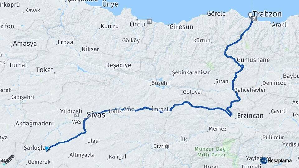 Sivas Şarkışla Trabzon Arası Kaç Km - Yol Haritası