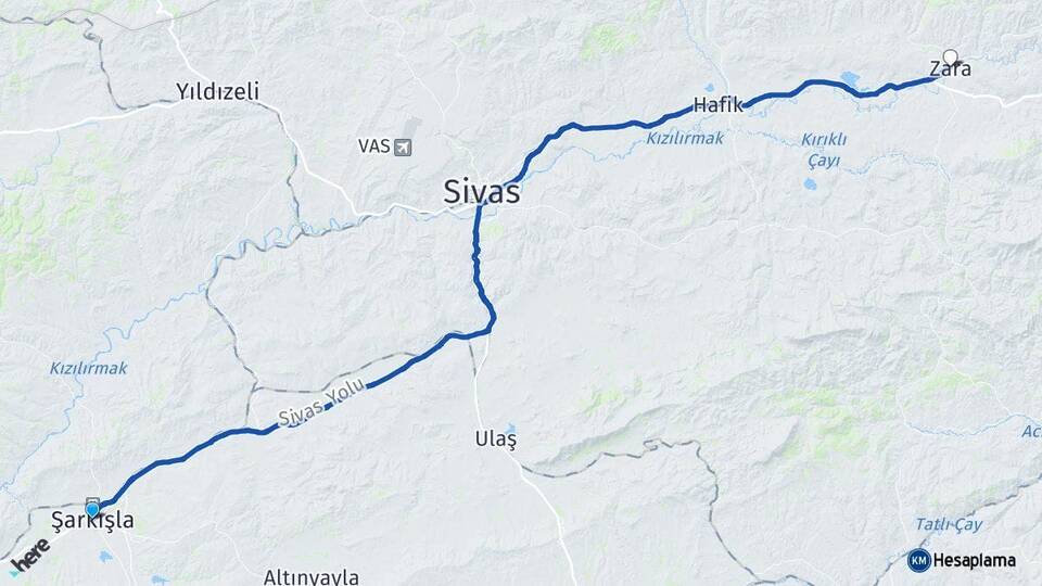 Sivas Şarkışla Zara Arası Kaç Km - Yol Haritası