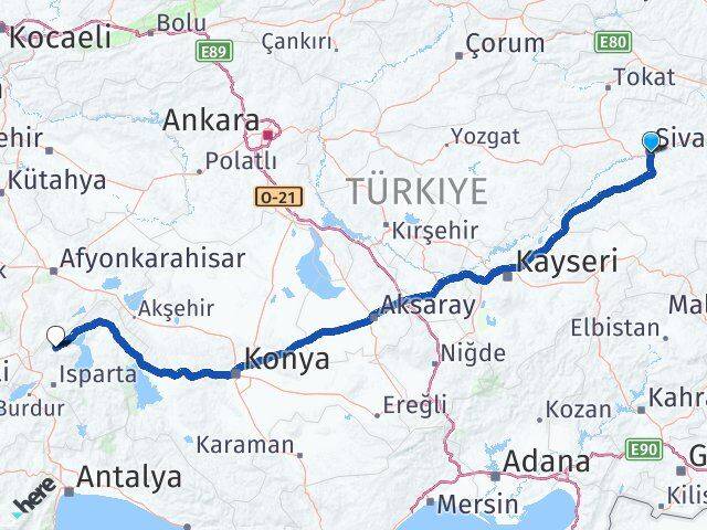 Sivas Senirkent Isparta Arası Kaç Km - Yol Haritası