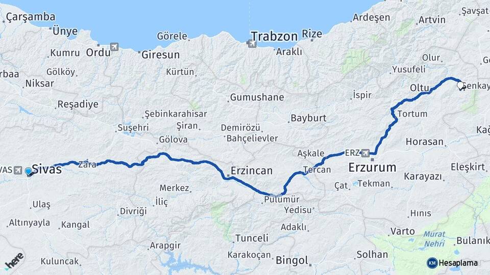 Sivas Şenkaya Erzurum Arası Kaç Km - Yol Haritası