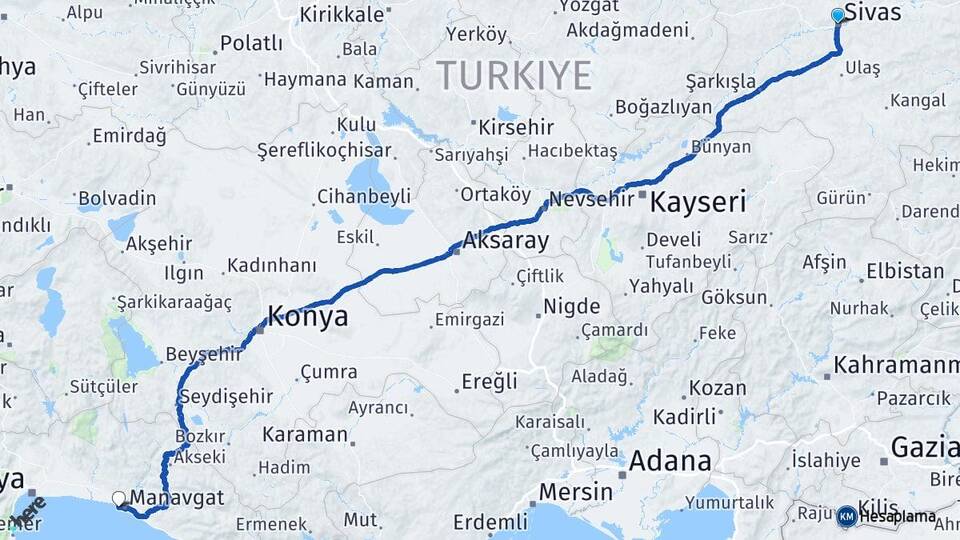 Sivas Side Manavgat Antalya Arası Kaç Km - Yol Haritası