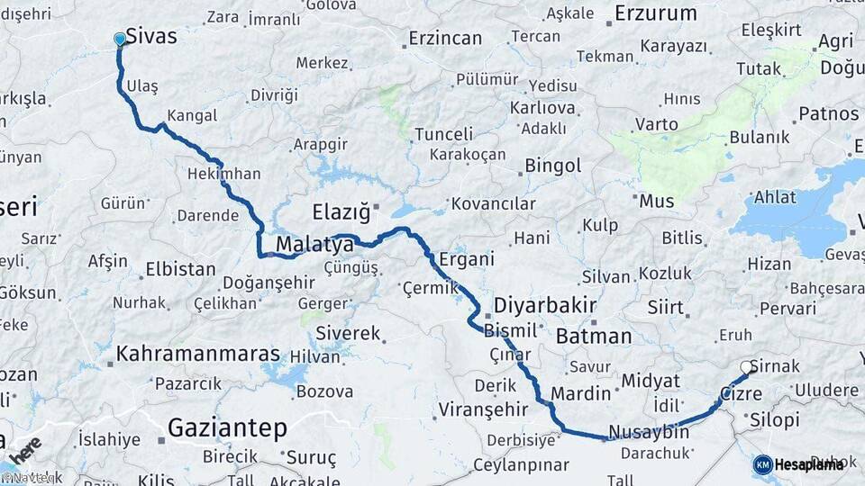 Sivas Şırnak Arası Kaç Km - Yol Haritası