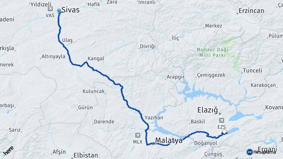 Sivas Sivrice Elazığ Arası Kaç Km - Yol Haritası