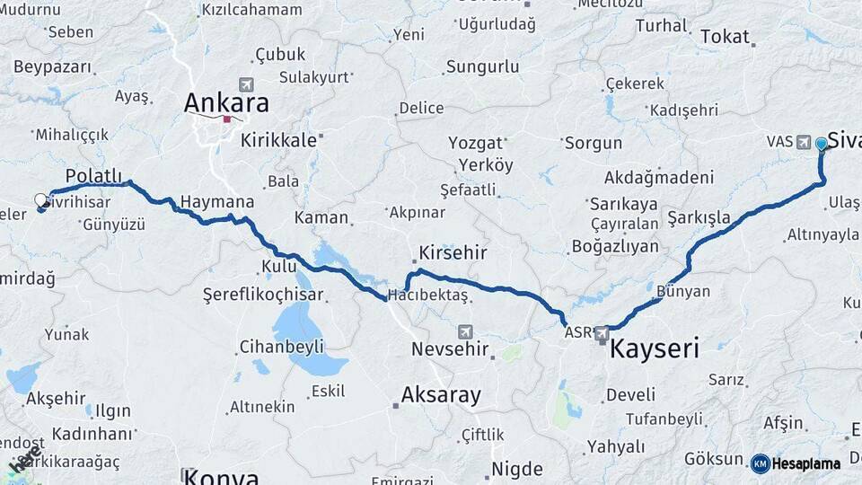 Sivas Sivrihisar Eskişehir Arası Kaç Km - Yol Haritası