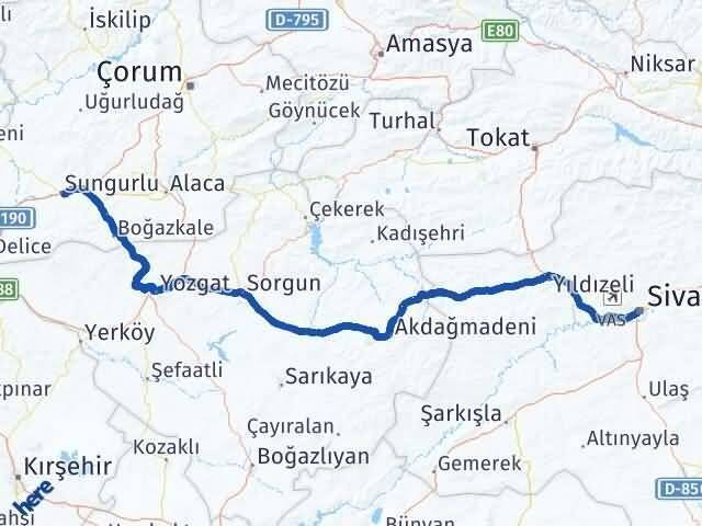 Sivas Sungurlu Çorum Arası Kaç Km - Yol Haritası